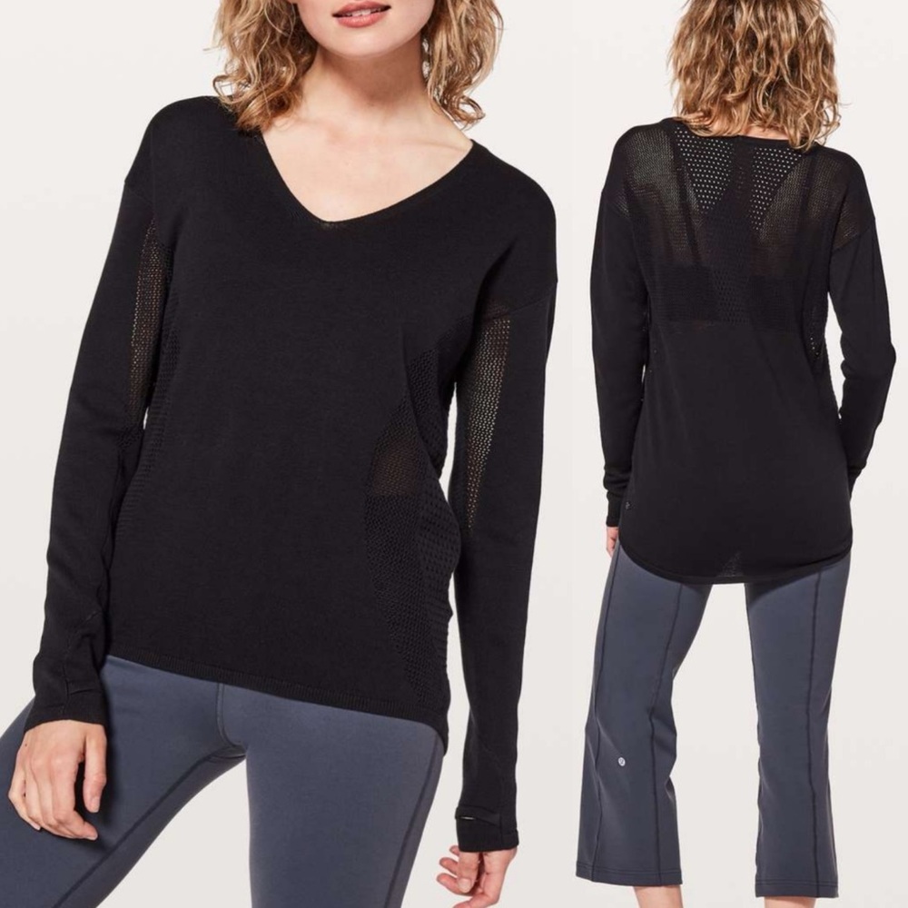 Lululemon Still Movement Black Sweater Perforated Open Hold Knit Size 8‎ V-Neck